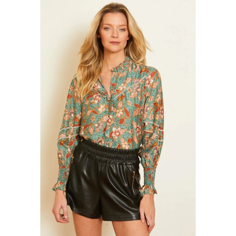 NEW Caballero Nickie Top in Nostalgia Floral Silk Cotton Ruffle Collar Small - Picture 2 of 7